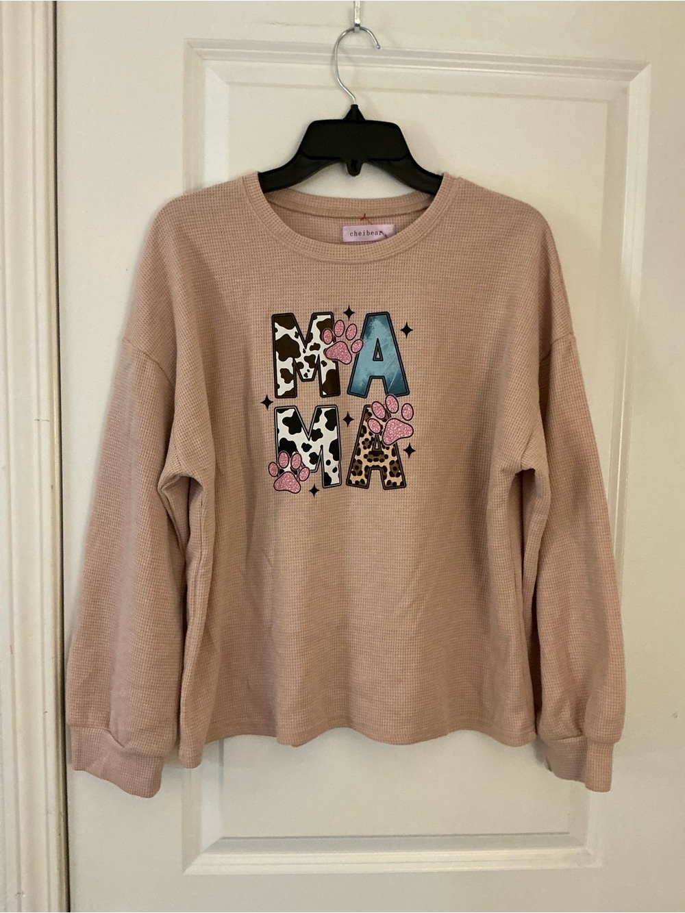 Cheibear Rose Pink Waffle Knit "MAMA" Sweatshirt | Graphic Western Cowhide L